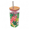 Quokka Sklenený cestovný hrnček so slamkou Liquid Cube Pink Jungle Flora 540 ml