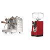 Rocket Espresso Appartamento, white, walnut + Eureka Mignon Specialita, CR ferrari red