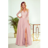 AMBER - Elegantné dlhé krajkové dámske šaty v púdrovo ružovej farbe s dekoltom 309-4 XXL