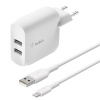 Belkin Duální USB-A domácí nabíječka 24W, lightning kabel, bílá WCD001vf1MWH