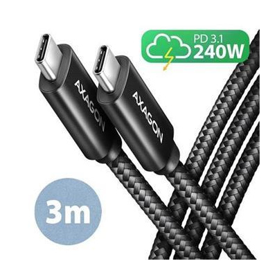 AXAGON BUCM2-CM30AB, CHARGE kabel USB-C USB-C, 3m, Hi-Speed USB, PD 240W 5A, ALU, oplet, černý