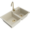 Mexen Tomas, granitový drez 800x500x190 mm, 2-komorový a zlatá batéria Telma, béžová, 6516-69-670200-50