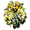 Luxusný smútočný veniec borovicový exclusive ruže, tulipány, gladioly, jabloňové kvety, bodliak a doplnky 70cm x 65cm