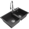 Mexen Tomas žulový kuchynský drez 2-komorový s kuchynskou batériou Savita, čierny bodkovaný - 6516-76-672601-00