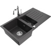 Mexen Matias granitový drez 1,5-komorový s odkvapkávačom a kuchynskou batériou Carla, čierny škvrnitý