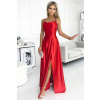 419-1 OPERLA saténové dlhé šaty s výstrihom na chrbte - ČERVENÁ, L