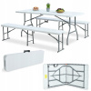 Focus Záhradný stôl a stoličky, Focus biely plast (Záhradný catering Pivný banketový set STÔL 180 cm + 2x Biele LAVICE)