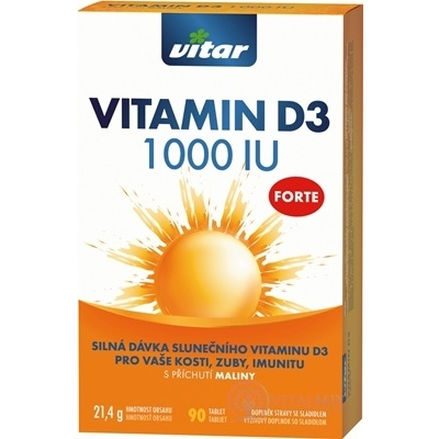 VITAR VITAMIN D3 FORTE 1 000 IU tbl s príchuťou maliny 90 ks