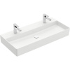 VILLEROY & BOCH Memento 2.0 závesné umývadlo s dvomi otvormi, bez prepadu, 1000 x 470 mm, Stone White, s povrchom CeramicPlus, 4A22A1RW