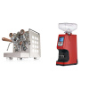 Rocket Espresso Appartamento, white, walnut + Eureka Atom 60, ferrari red