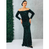 Dámske dlhé zelené spoločenské šaty s flitrami a dlhými rukávmi - L