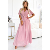 Numoco basic Numoco Dlhé šaty s riaseným výstrihom a zaväzovaním - púdrovo ružové 545-1 Farba: Ružová, Veľkosť: UNI