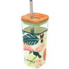 Quokka Sklenený cestovný hrnček so slamkou Liquid Cube Tropical Toucans 540 ml