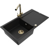 Mexen Leo granitový drez 1-komorový s odkvapkávačom a kuchynskou batériou Duero, čierny - 6501-77-671600-50