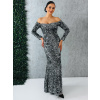 Dámske dlhé strieborno-čierne spoločenské šaty s flitrami a dlhými rukávmi - S