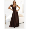 Numoco 411-15 CRYSTAL saténové dlhé šaty s výstrihom - čokoládové