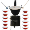 Goulash Cauldron kotol na guláš a zabíjačku smalt 100 L (1,2 mm), Goulash Cauldron kovová kotlina 60 cm PLUS 600, Goulash Cauldron taniere servírovacie 20,5 cm 12 ks, pokrievka drevo, vareška 80 cm SM