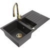 Mexen Matias granitový drez s 1,5 komorou s odkvapkávačom a kuchynskou batériou Savita, čierny škvrnitý