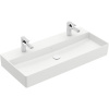 VILLEROY & BOCH Memento 2.0 závesné umývadlo s dvomi otvormi (spodná strana brúsená), bez prepadu, 1000 x 470 mm, Stone White, s povrchom CeramicPlus, 4A221KRW