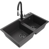 Mexen Tomas žulový drez s 2 komorami a kuchynskou batériou Savita, čierny škvrnitý - 6516-76-672601-70-B