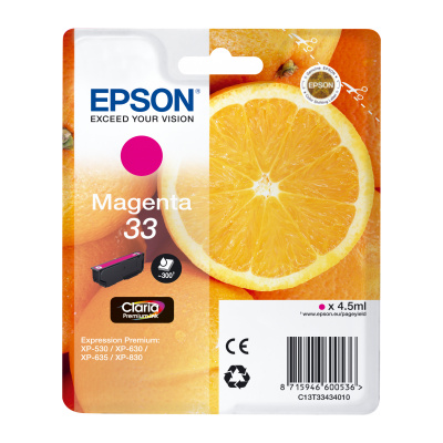Epson originál ink C13T33434012, T33, magenta, 4,5ml, Epson Expression Home a Premium XP-530,630,63