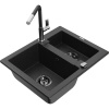 Mexen Carlos granitový drez 1,5-komorový s kuchynskou batériou Flora, čierny/strieborný metalik - 6518-73-670401-07-B