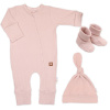 Baby Nellys Rastúci rebrovaný overálok čiapočka a topánočky Nature ružová