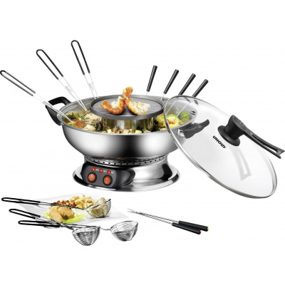 Unold Asia Fondue fondue 1350 W 2 samostatné regulátory teploty, 6 napichovátek na fondue, funkce grilování nerezová ocel