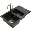 Mexen Gaspar granitový drez 1,5-komorový s odkvapkávačom a kuchynskou batériou Carla, čierny/zlatý metalik