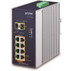 Planet IGS-1020PTF-12V Priemyselný L2 PoE switch, 8x1Gb + 2xSFP, 802.3at 30/240W, IP30, -40~+75°C, 12-56VDC