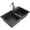 Mexen Tomas, 2-komorový granitový drez 800x500x190 mm a drezová batéria Flora, čierna škvrnitá, 6516-76-670401-75-B