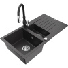 Mexen Matias žulový drez 1,5-komorový s odkvapkávačom a kuchynskou batériou Savita, čierny s bodkami - 6502-76-672601-70