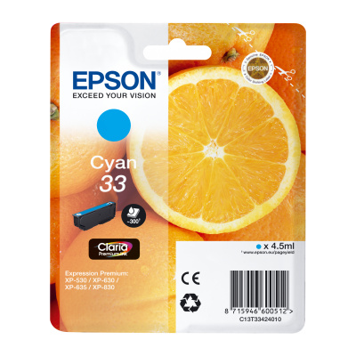 Epson originál ink C13T33424012, T33, cyan, 4,5ml, Epson Expression Home a Premium XP-530,630,635,8