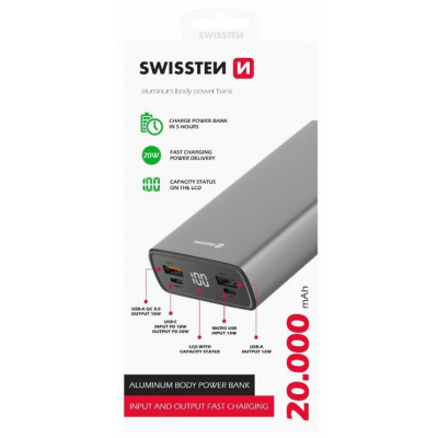 SWISSTEN ALUMINUM POWER BANK 20000 mAh 20W POWER DELIVERY GREY