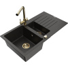 Mexen Matias granitový drez 1,5-komorový s odkvapkávačom a kuchynskou batériou Duero, čierny/zlatý metalický