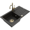 Mexen Pablo granitový jednodrez s odkvapkávačom a kuchynskou batériou Carla, čierny/zlatý metalický - 6510-75-670700-50