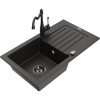 Mexen Pablo granitový drez s 1 komorou, s odkvapkávačom a kuchynskou batériou Carla, čierny/zlatý metalický