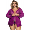 Sheer Lace Trim Purple Robe With Thong, XXXL–XXXXL