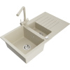 Mexen Matias granitový drez 1,5-komorový s odkvapkávačom a kuchynskou batériou Duero, béžový - 6502-69-671600-69