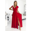 CRYSTAL - Dlhé červené lesklé dámske šaty s výstrihom 411-2 XS