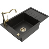 Mexen Elias granitový kuchynský drez s 1 komorou, odkvapom a kuchynskou batériou Carla, čierny/zlatý metalik