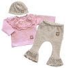 Baby Nellys Pletená súpravička s volánikom Heart, 3D, kabátik, nohavice a čiapočka, ružová/béžová, 80, 80 (9-12m)