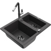 Mexen Carlos žulový drez 1,5-komorový s kuchynskou batériou Flora, čierny škvrnitý - 6518-76-670401-07-B