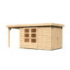 Drevený domček KARIBU RETOLA 3 + prístavok 150 cm (23519) natur LG3373 - m2 - plexisklo - 16mm - ks - ks - ks - m2 - ks - nie - nie - pultová (plochá) - dvojkrídlové na pántoch - 1,95m - 3ks - 85kg/m2