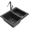 Mexen Carlos granitový drez 1,5-komorový s kuchynskou batériou Flora, čierny škvrnitý - 6518-76-670401-08-B