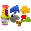 LEAN TOYS Sada na piesok s dinosaurom: mlynček, lievik, lopatka, hrable, krhlica, formičky