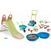 Set šmykľavka s vodnou hrou a pieskovisko Mušľa KS Slide Life Smoby dĺžka šmyku 150 cm a fúrik s kosačkou a náradím