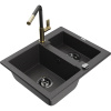 Mexen Carlos granitový drez 1,5-komorový s kuchynskou batériou Flora, čierny škvrnitý - 6518-76-670401-75-B
