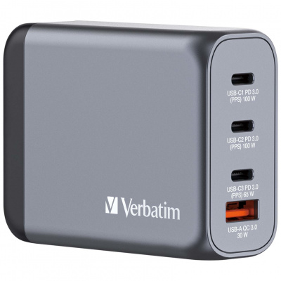 VERBATIM GNC-100 GaN nabíječka 100W - 3x USB-C PD 100/65W / 1x USB-A QC 3.0 32202