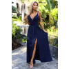 512-7 JULIET elegant long shiny dress with a neckline and leg slit - dark blue with glitter modrá S NUMOCO 5903938278402